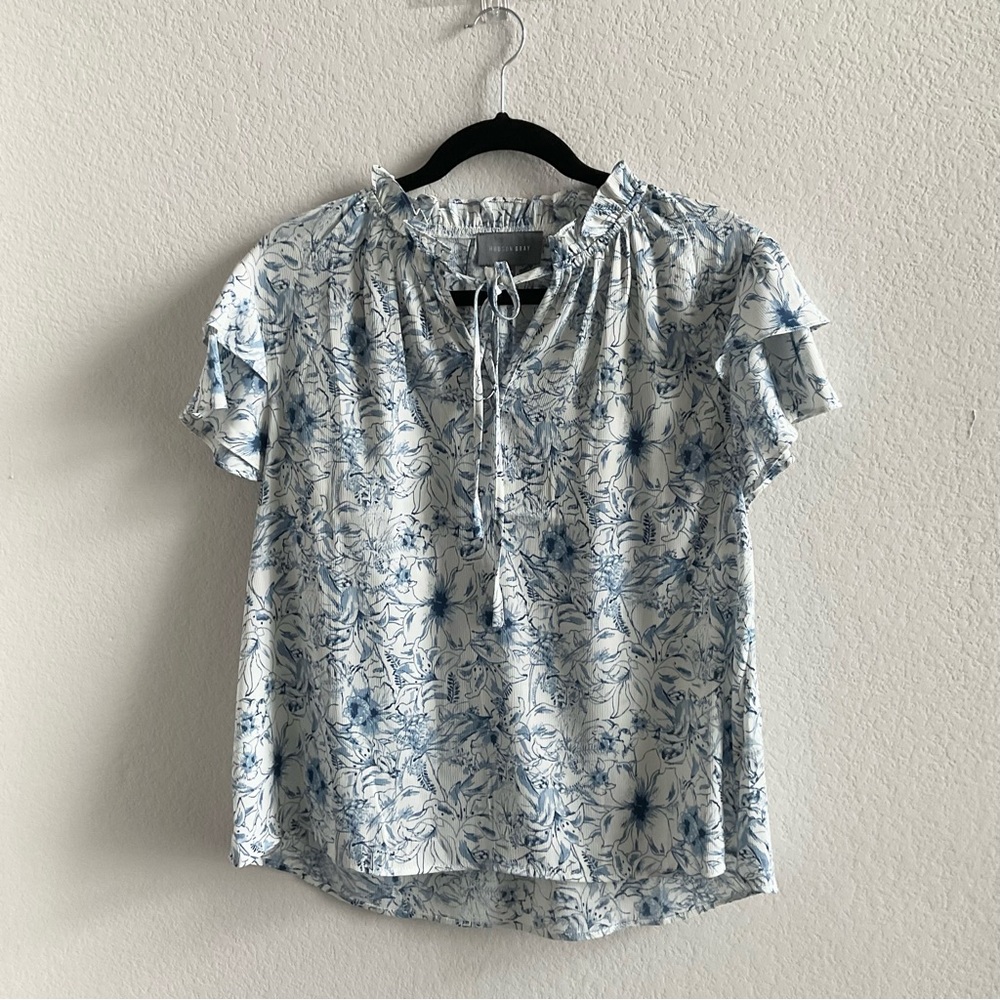 Hudson Gray Tie-Neck Floral Short-Sleeve Blouse